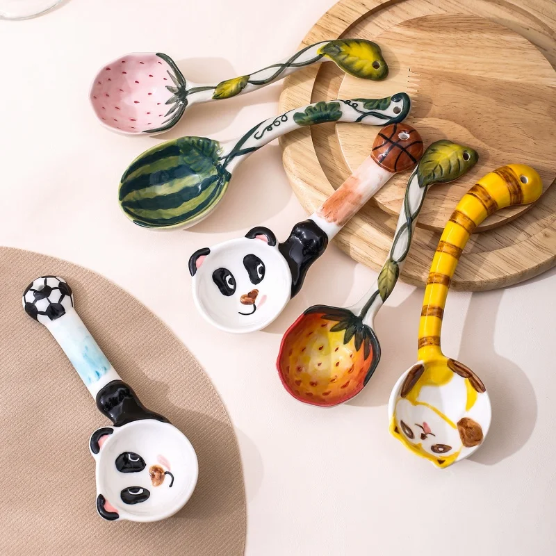 

Korean Style Cute Ceramic Spoon Long Handle Fruit Panda Kids Dessert Spoon Household Eating Soup Tableware Ladle irregular