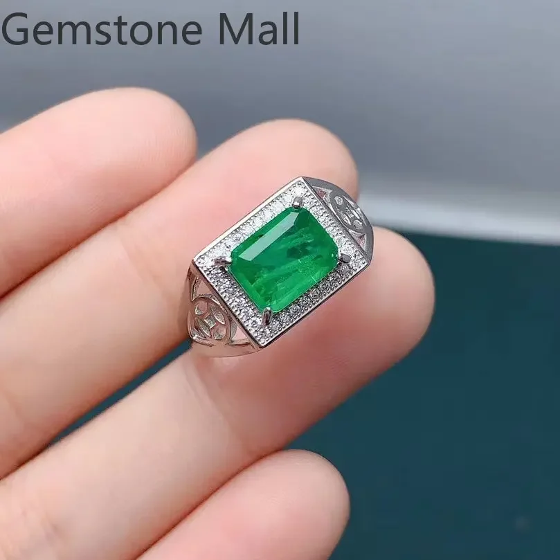 

7mm*9mm 2ct Man Made Emerald Color Gemstone Ring for Men 925 Silver Men Ring No Fading 3 Layers 18K White Gold Plating Jewelry