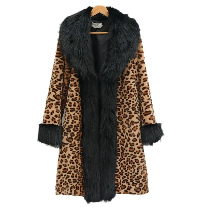 Fake Mink Fur Overcoat Fake Fox Fur Collar Winter Warm Windbreaker Loose Fit Plus Size Women's Clothing Leopard Coat Long Coat