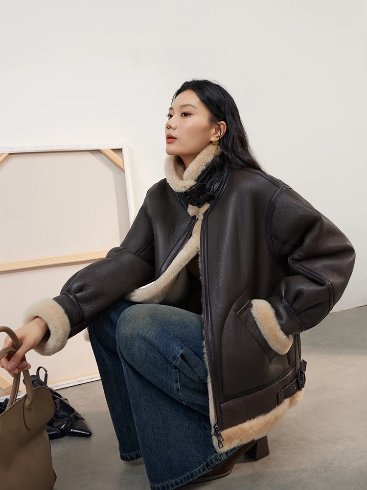 High-end Luxury Merino Sheep Fur Winter Motorcycle Jackets for Women Simple Thickened Warm Genuine Leather Real Lamb Fur Coat