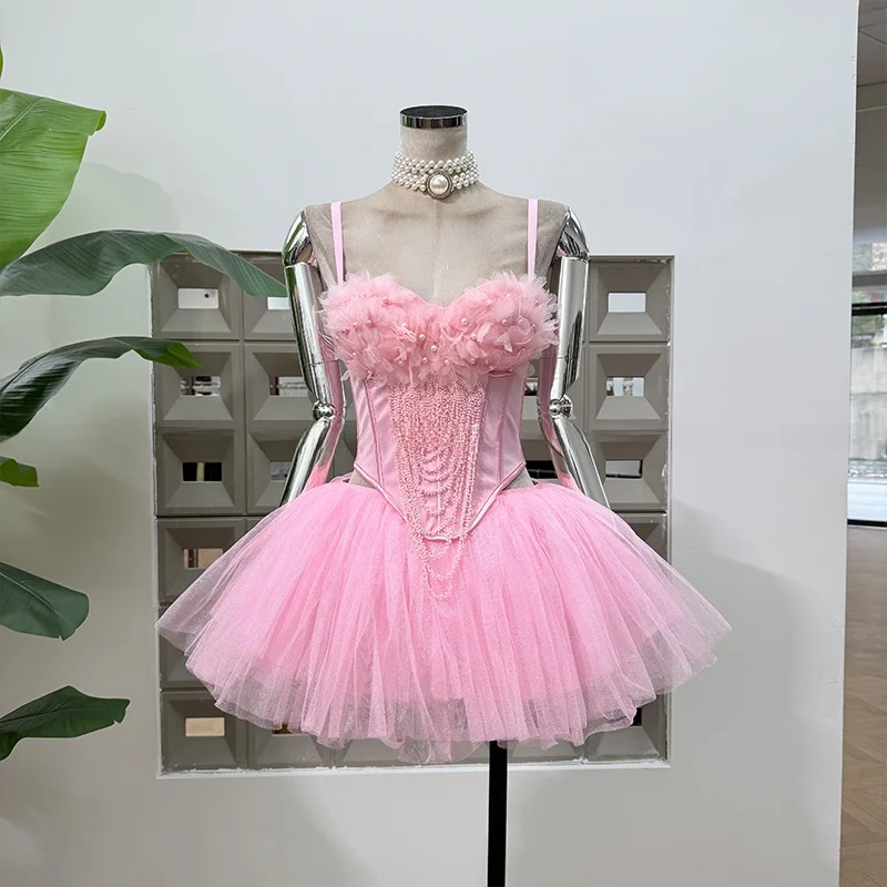 

Pink Fibone Waisand Top Skirt Set Women's Chic Tassel Court Sle Full Spring Faion Two-Piece Suit Regular Svel