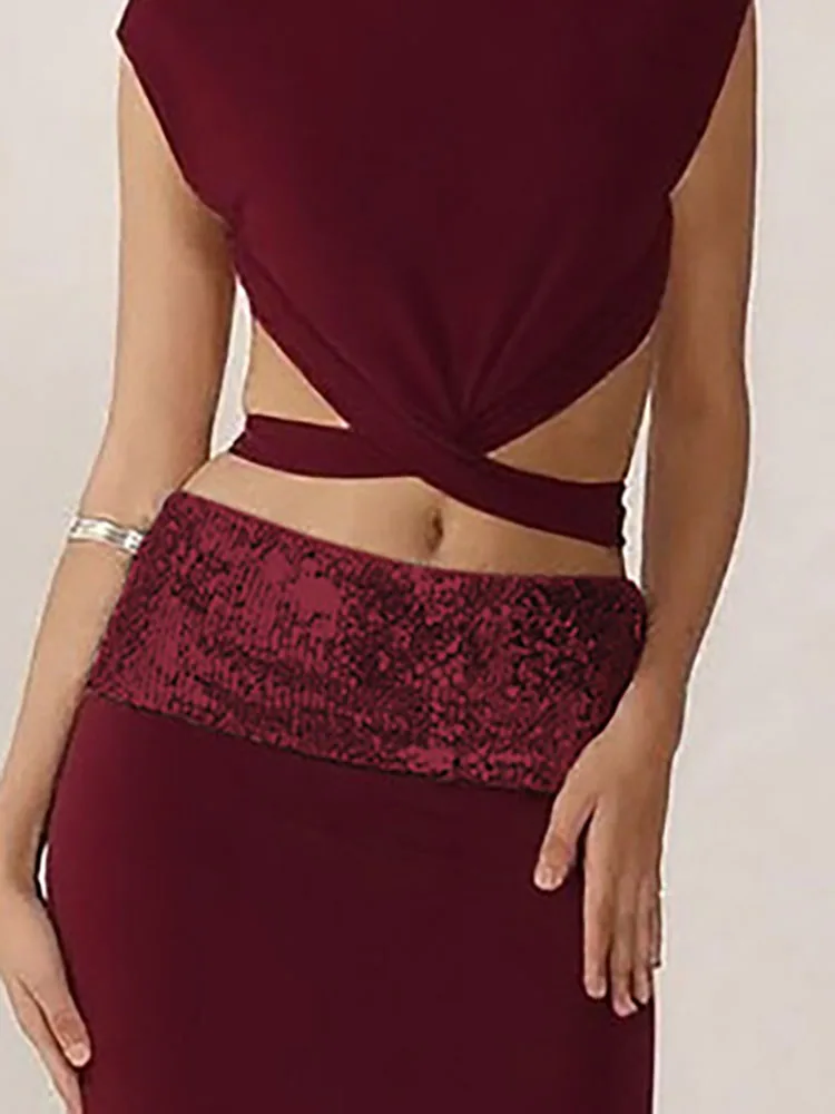 

Elegant Shiny Splicing Slim Suit Fashion O-neck Cross Hollow Tops & Long Skirt Set Women Casual Sleeveless Solid 2 Piece Outfits