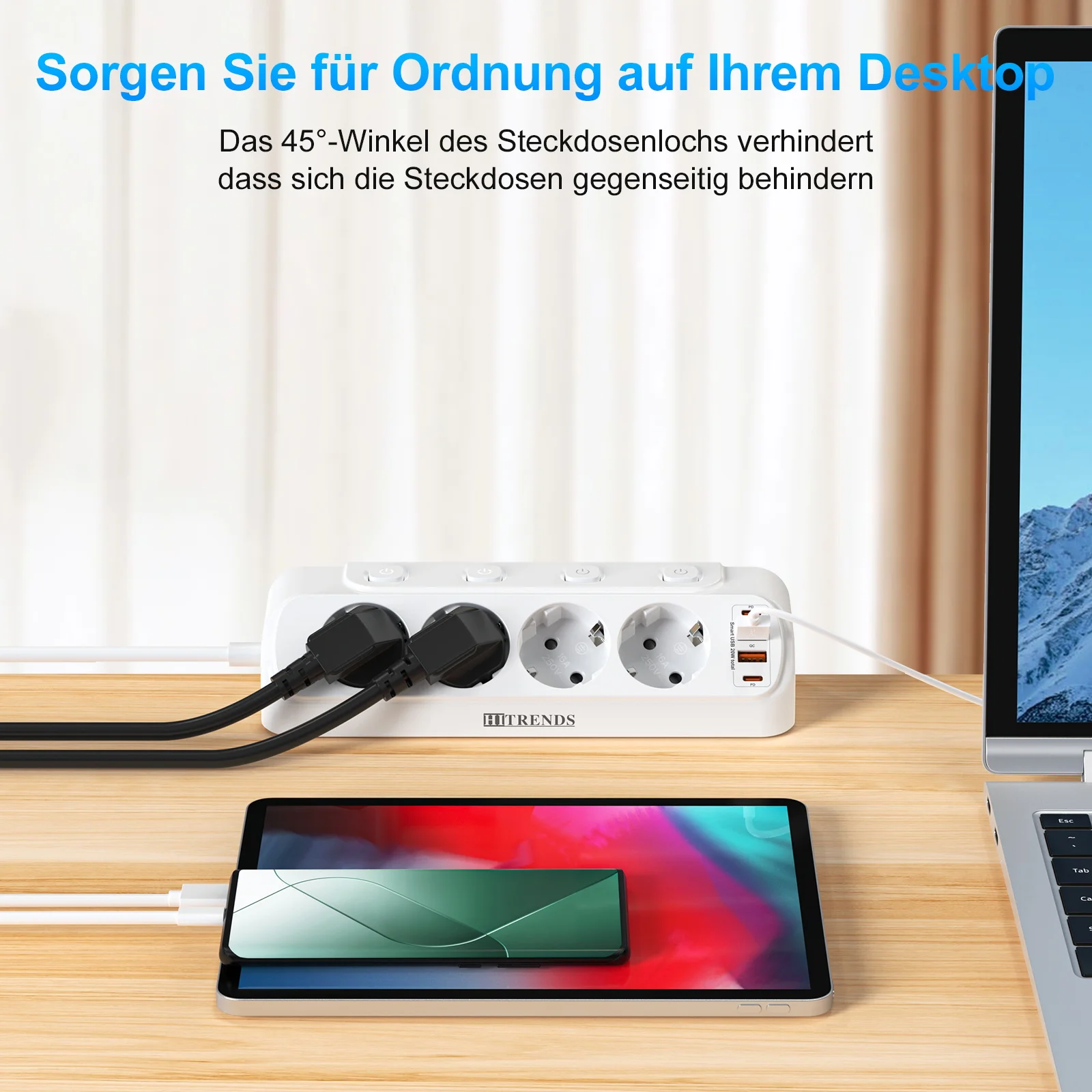 Eu Plug Multi-function power board 2 USB-A and 2USB-C Fast charging power adapters 2 m extension cord Independent switch White