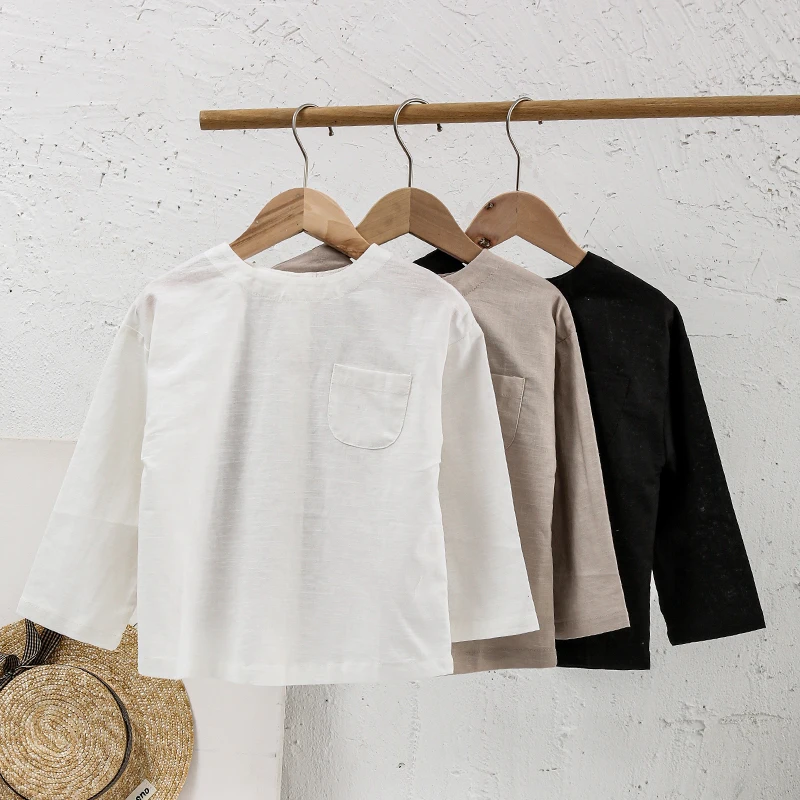 Children's Daily Casual Linen Shirt Autumn New Retro Boys And Girls Round Neck Back Buttons Cotton Linen Long-Sleeved Shirts