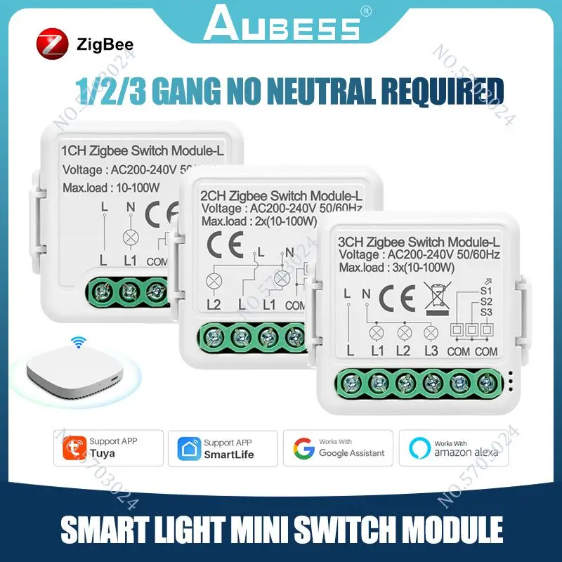 

1/2/3 Gang Zigbee3.0 Breaker Module Tuya Smart No Neutral Required Mini Light Switch Compatible With Alexa Google Home Assistant