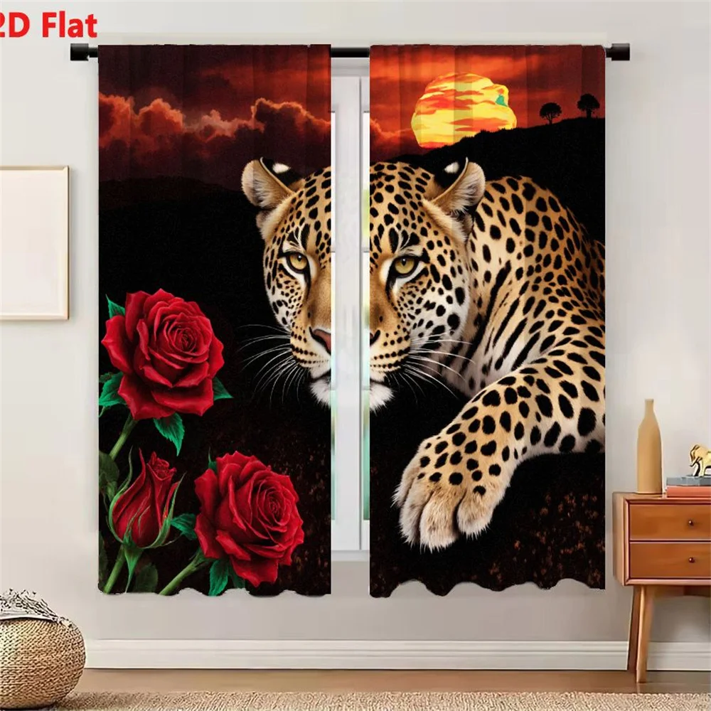 2Pcs Curtains 2D Flat Realistic Leopard With Black Spots Tan Background Lying Down Calm Gaze Three Red Roses Green Leaves Dark S
