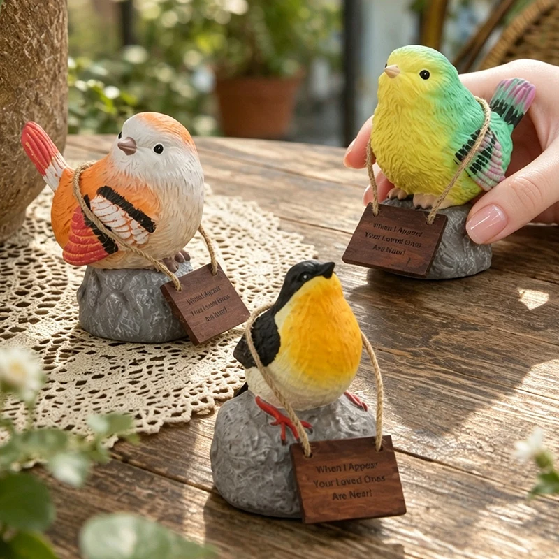 Whimsical Resin Bird On Rock Figurine Remembrance Wooden Tag Simulation Animal Statue for Garden Desktop Sympathy Decor Gift