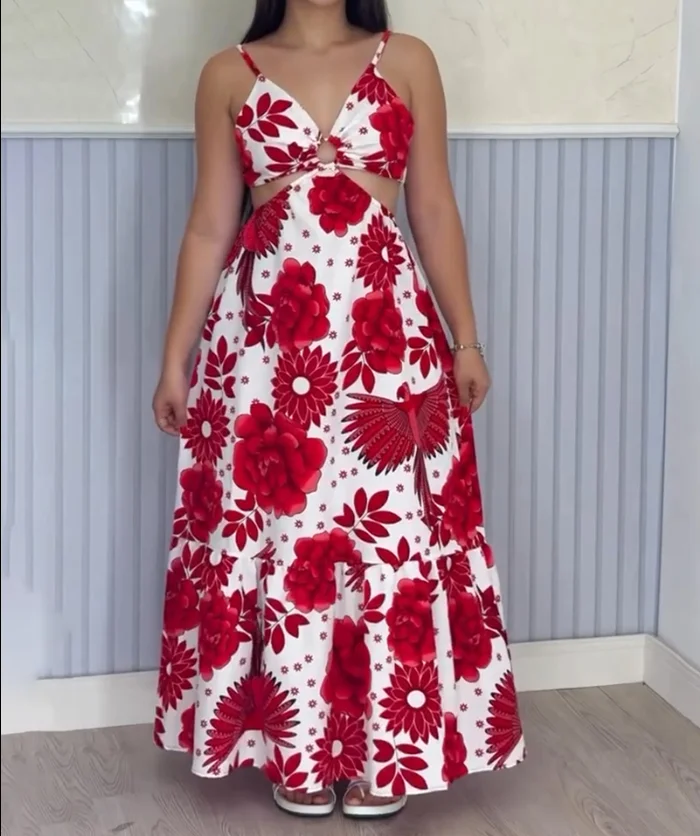 

Dresses for Summer Women Fashion Tropical Print Spaghetti Strap Waist Hollow Out Maxi Dress Women's Sexy A Line Ruffle Hem Dress