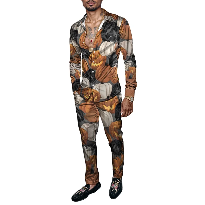 Spring Autumn Halloween Pumpkin 3D Print Men Clothing Suits Tracksuit Long Sleeve Shirt Long Pants Two Piece Sets Clothing
