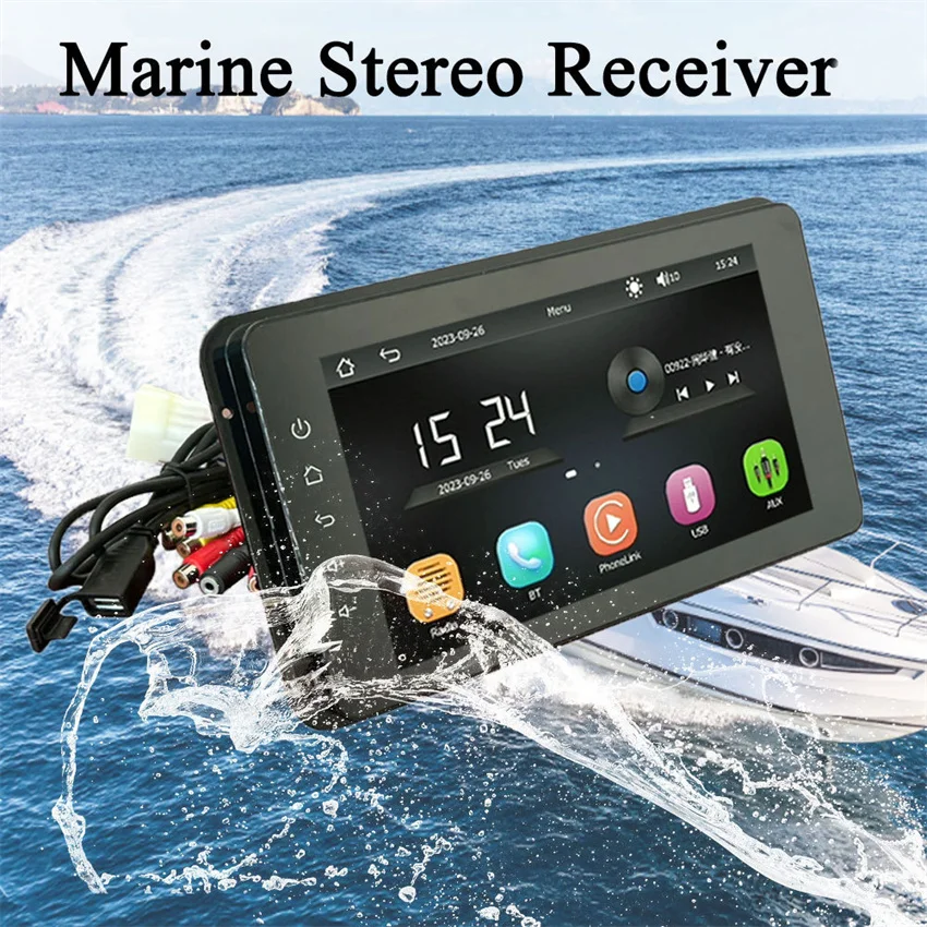 

8 Inch Marine Multimedia Player Wireless CarPlay IPX6 Waterproof Bluetooth Boat Stereo for ATV Golf Cart CarPlay Android Auto