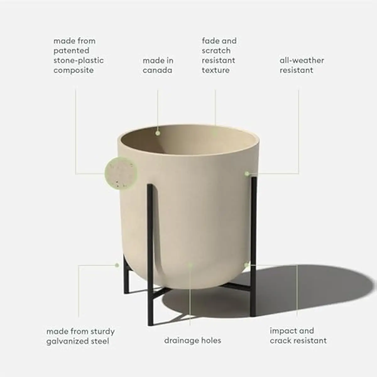 Round Elevated Planter with Galvanized Steel Stand – UV and Weather Resistant Plastic-Stone Composite Pot – Modern Outdoor Indoo