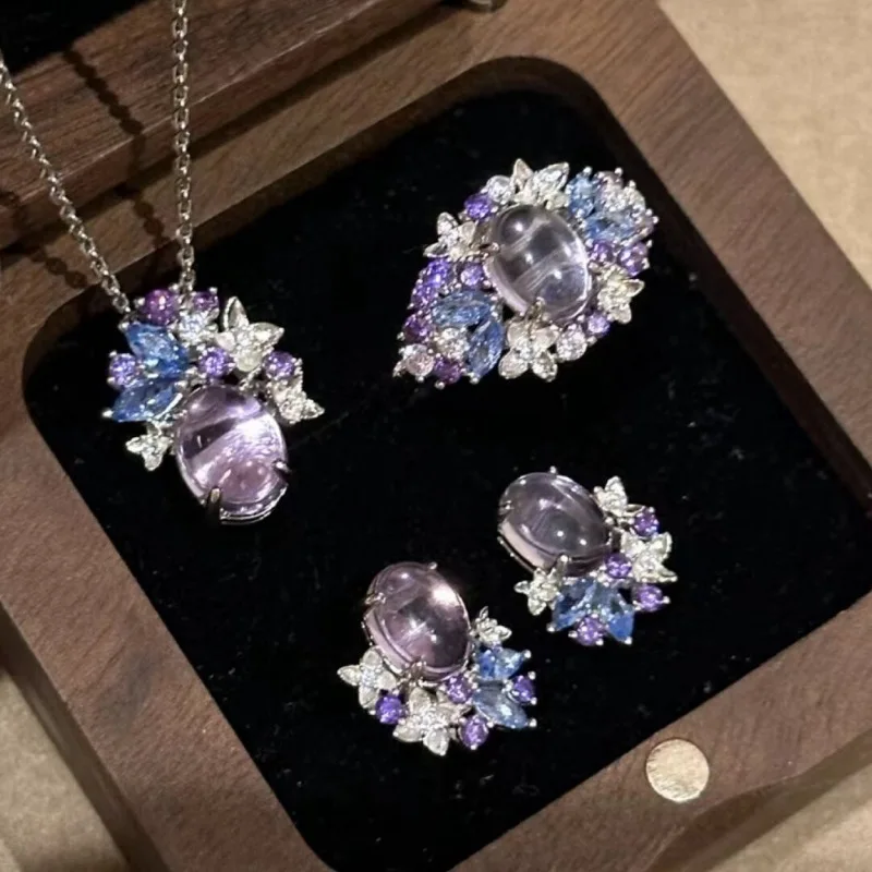 

Women Wisteria Flower Sparkling Diamond Necklace Gemstone Ring Set 2025