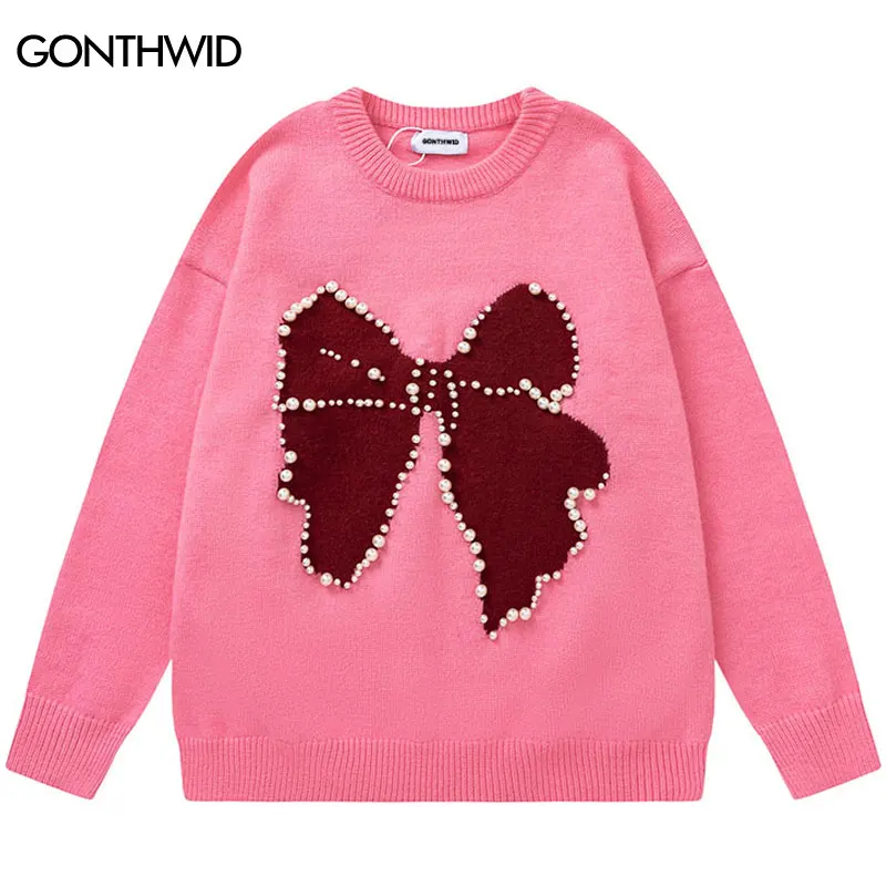 Harajuku Sweater Y2K Beads Knitted Bow Pullover Jumpers Streetwear Hip Hop Casual Baggy Long Sleeve Sweaters Pink Blue Black