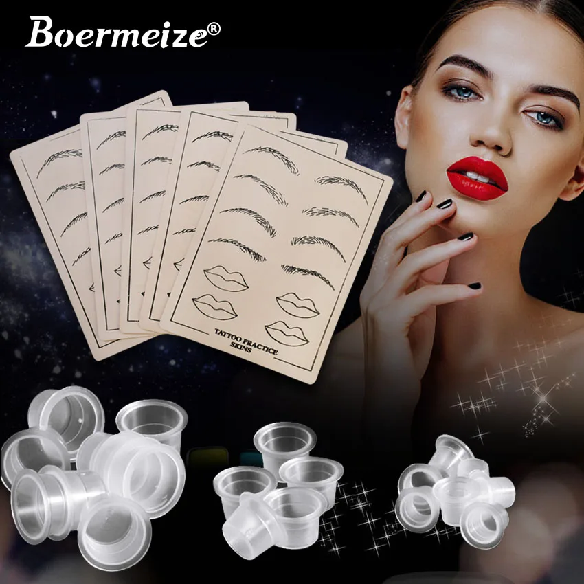 Tattoo Practice Skin 5Pcs Kit with 300Pcs Plastic Ink Cups Eyebrow Lip Permanent Makeup Mciroblading for Artists Beginners