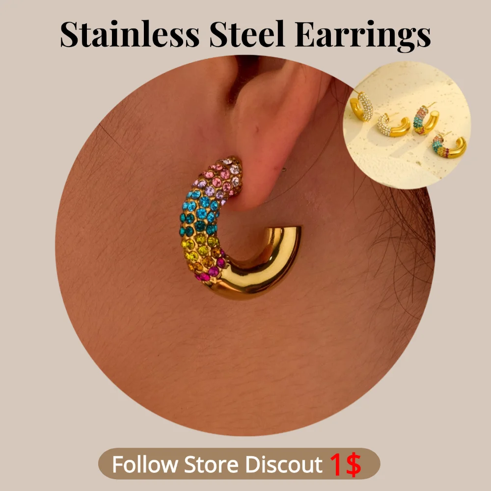 Stainless Steel C Shape Zircon Earrings Plated 18k Gold Non Tarnish Waterproof Trendy Fashion Jewelry Earrings For Women Gift