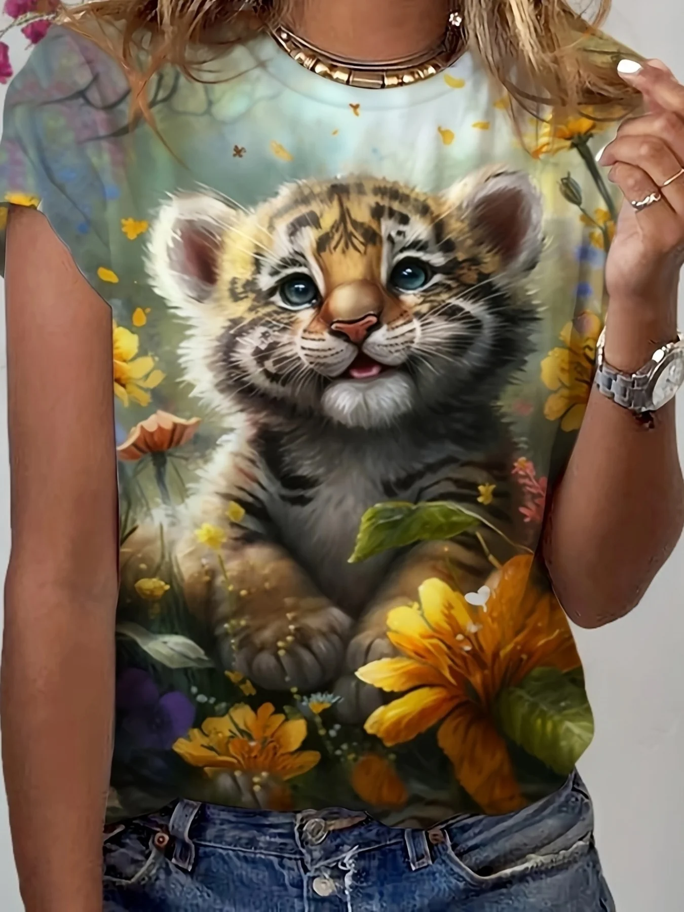 Women Round Neck Short Sleeve T-shirt Cute Baby Tiger Floral Print Casual Summer Tee