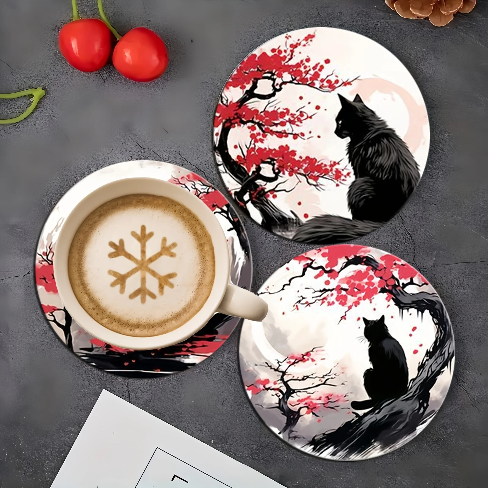 6pcs 2D 4in Black Cat Theme Wooden Cup Coasters Heat-resistant Slip-resistant Artistic Coffee Tea Cup Matss Home Kitchen Gifts