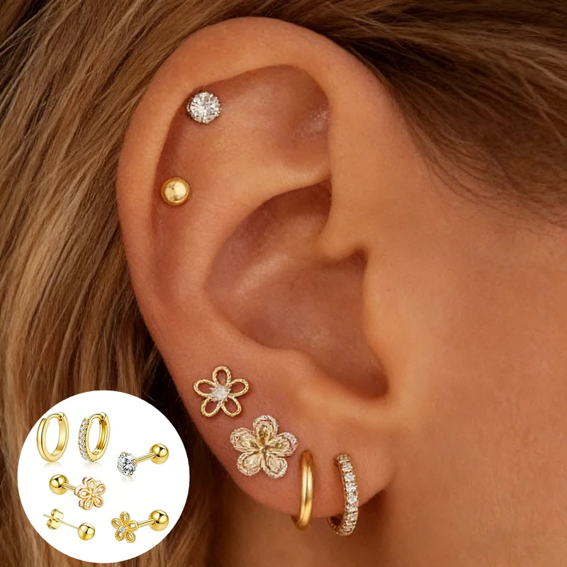 6PCS Flower Tragus Stud Earring Set Women Fashion Crystal Cartilage Huggie Hoop Earring Lot Helix Lobe Piercing Earing Jewelry