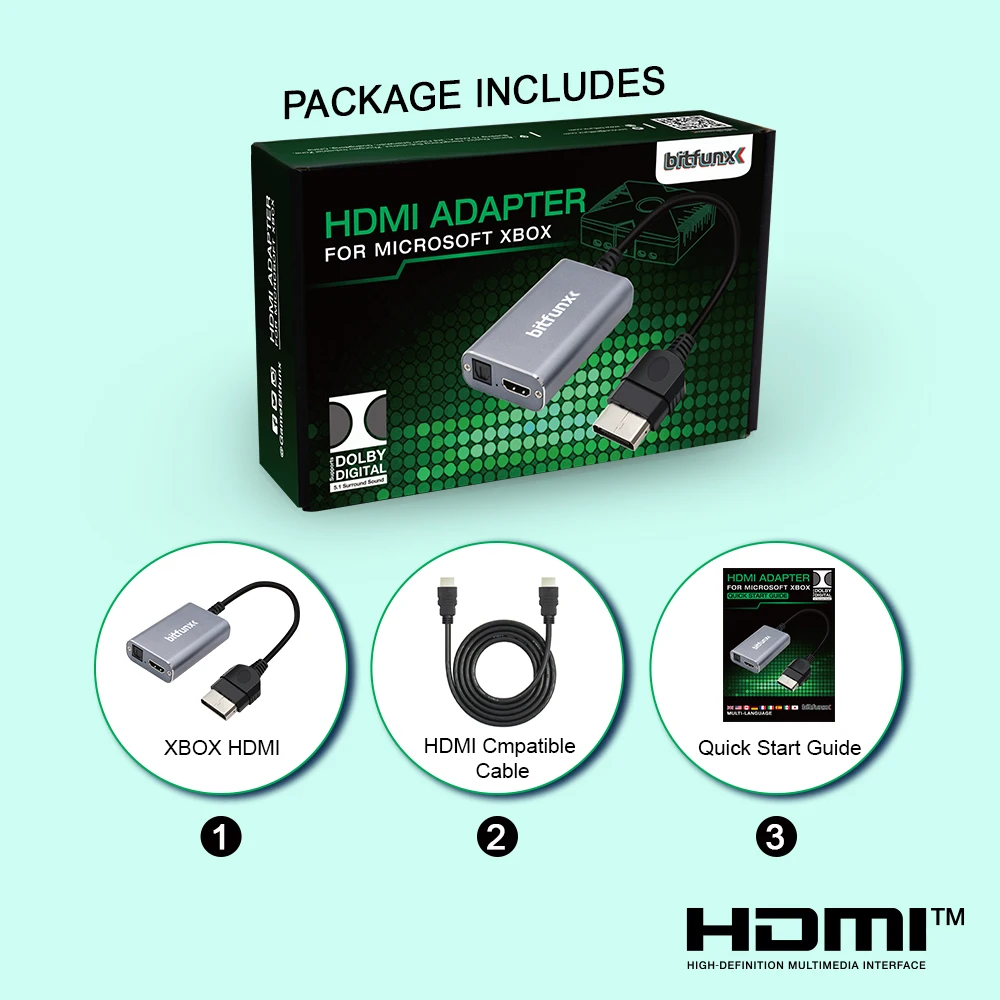 Bitfunx HDMI™ Adapter for XBOX Classic Retro Gaming Consoles HD Cable Accepts 5.1 Dolby Digital Surround Sound