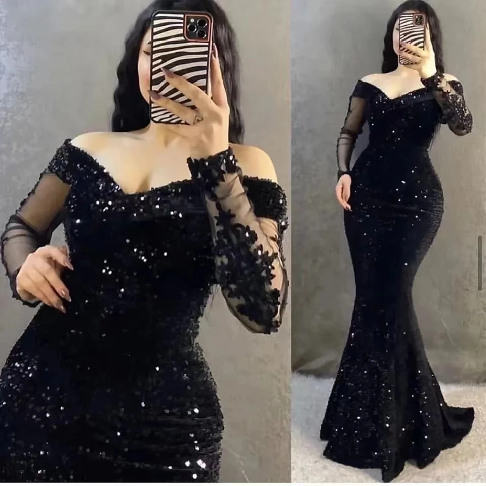 

Glitter Sequins Mermaid Black Lace Appliques Evening Dresses 2024 Women Off The Shoulder Long Sleeves Formal Night Party Gowns