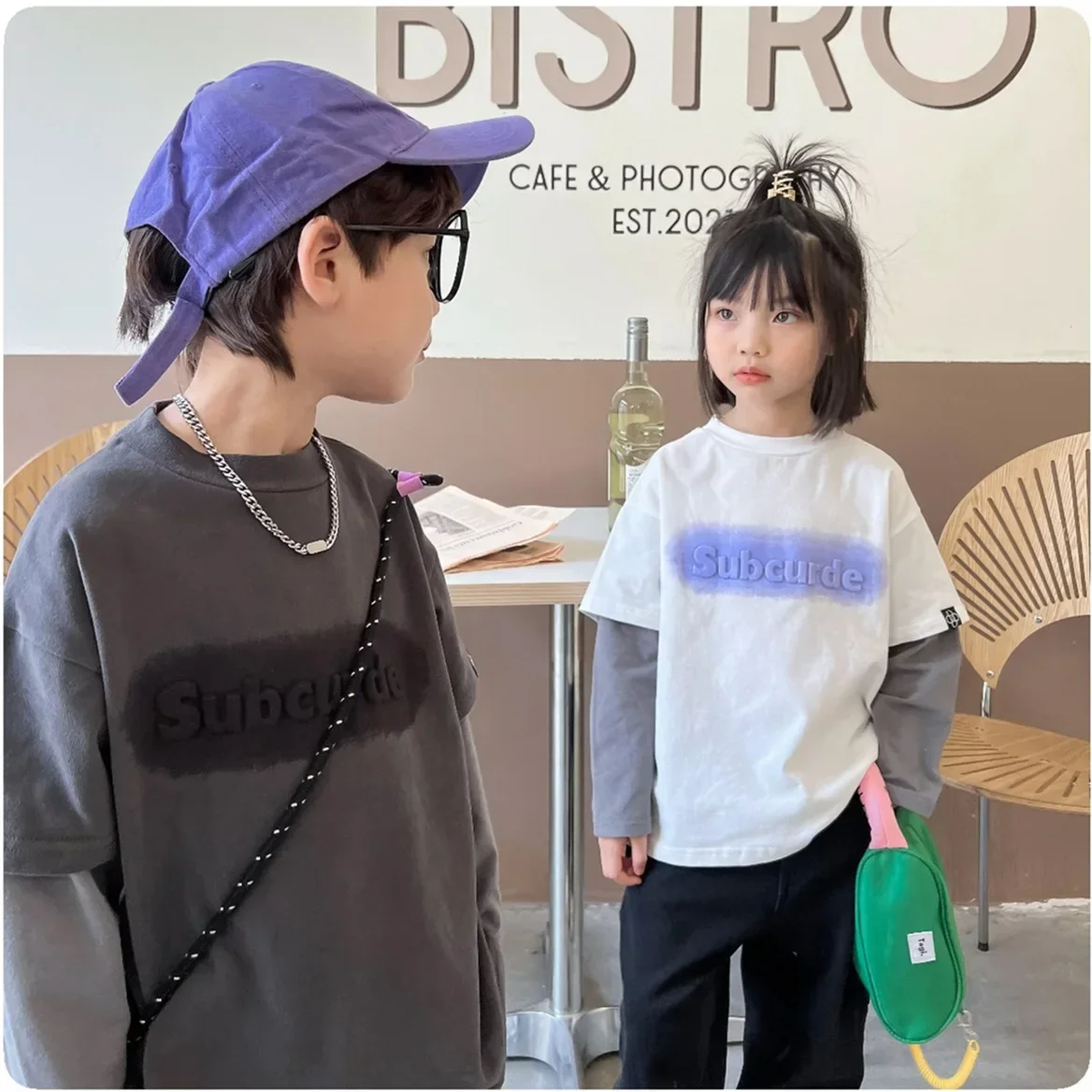 

Children's Spring Autumn Fake Two Piece Top for Boys and Girls Splice Long Sleeve T-shirt Long Sleeve Round Neck