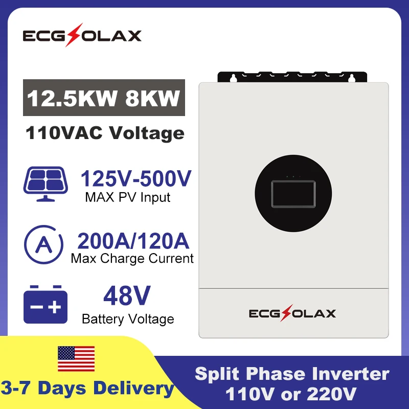 ECGSOLAX 12.5KW 8KW Split Phase Inverter 48V 110V or 220V Hybrid Solar Inverter Dual Output Off Grid with MPPT 200A 120A Solar Charger Parallel Up to 6 Units Built in WIFI