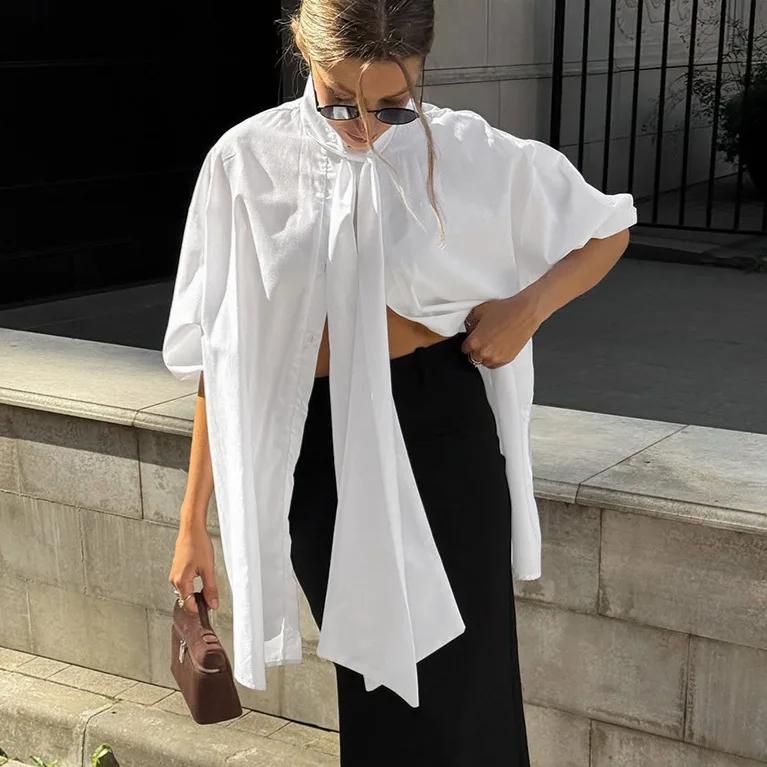 

White Oversized Shirt Women Big Bow Ribbon Tie Blouse Long Sleeve Loose Button Up Casual Elegant Chic Tops Office Lady 2026