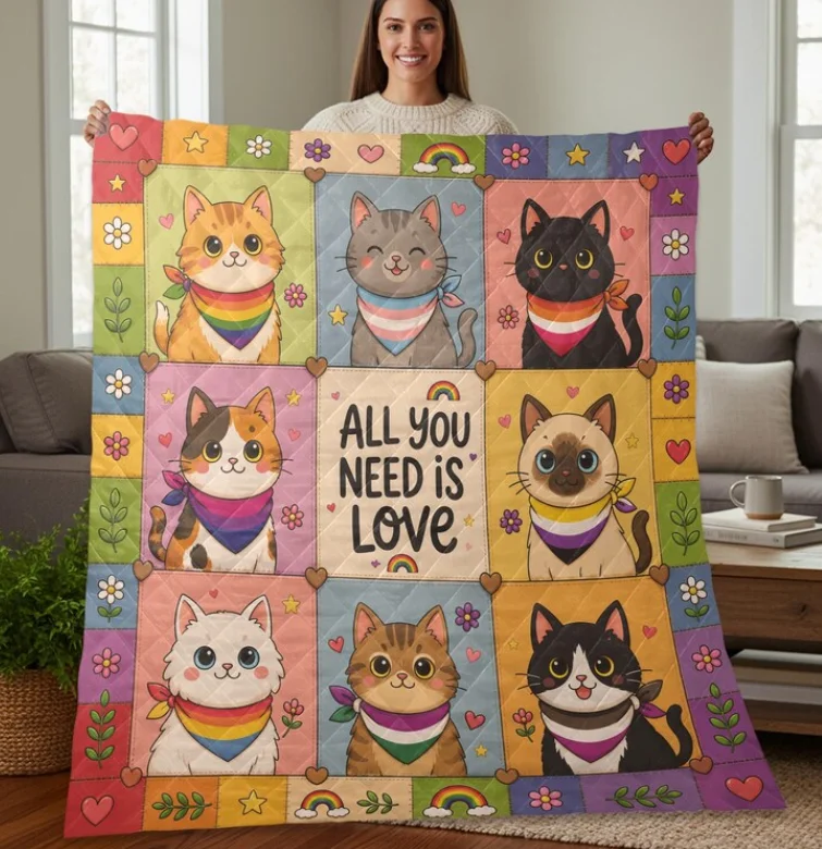 Cat Quilt Blanket Rainbow Patchwork Throw, All You Need Is Love Blanket Home Decoration