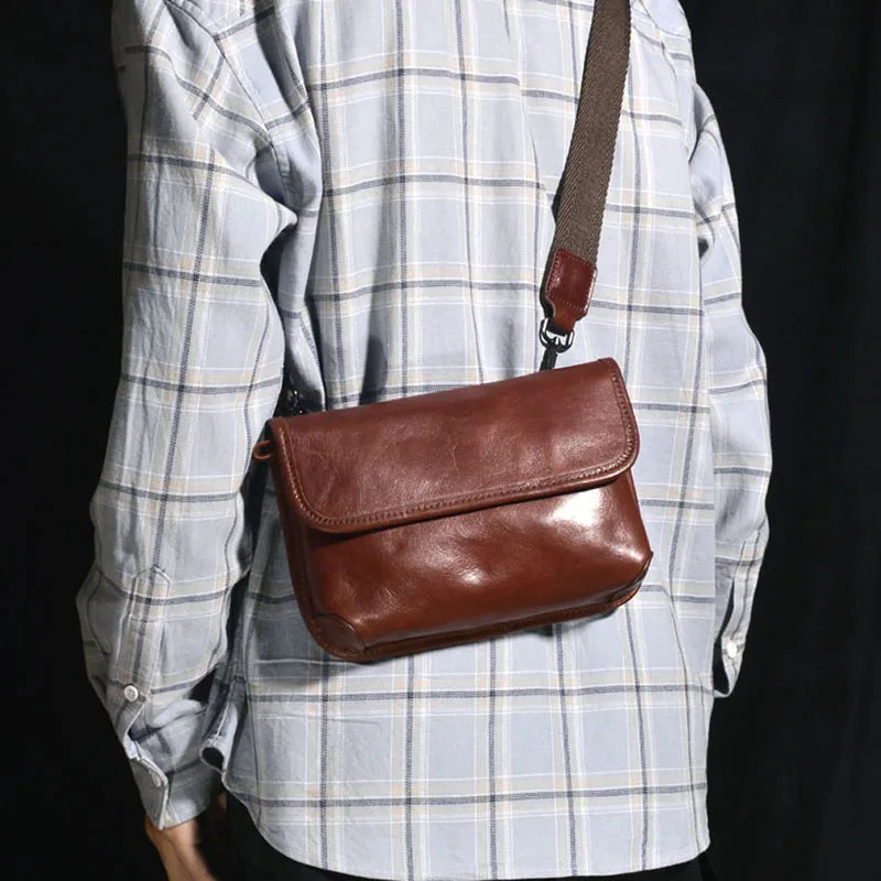 Men's Crossbody Genuine Leather Vintage Top Layer Soft Cowhide Shoulder Fold Design Personality Small Square Bag Outdoor Comm...