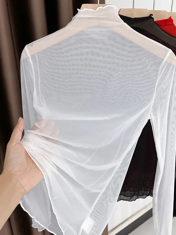 

Sexy Mesh Base Shirt Women's High Collar T-Shirt Inner Lace Top Thin Veil Underwear Long Sleeve Commute Regular Fit Pure Color