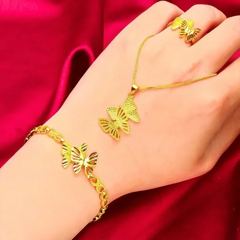 NovaGlod 24K Gold Bowknot Jewelry Set | AU999 Pure Gold, matching bracelet, necklace, and ring, 3D bowknots for a sweet and roma