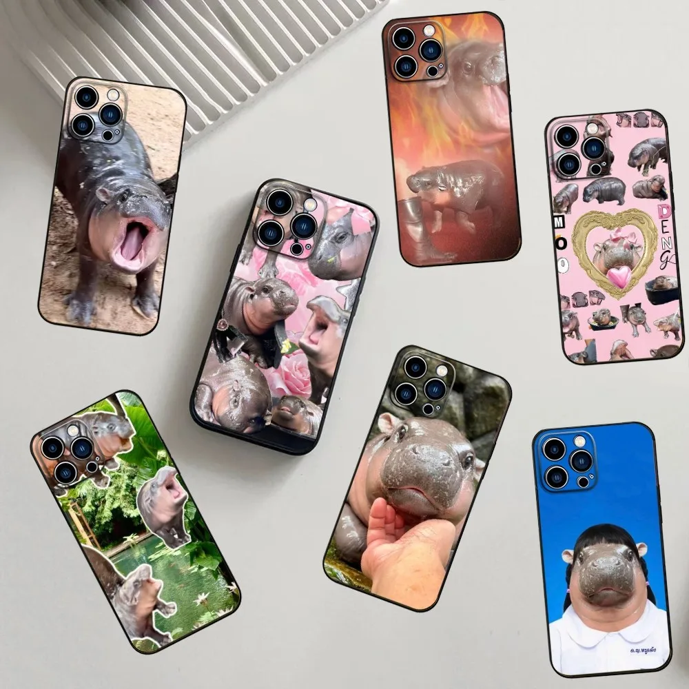 

Moo Deng Hippo Phone Case For iPhone 16,15,14,13,12,11,Pro,X,XS,Max,XR,Plus,Mini Soft Silicone Black Shockproof TPU