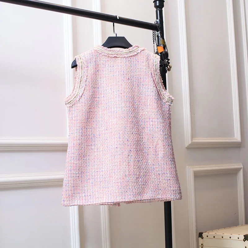 Spring Autumn 2023 New Versatile V-Neck Pink Fragrant Vest French Tweed Waistcoat Coat