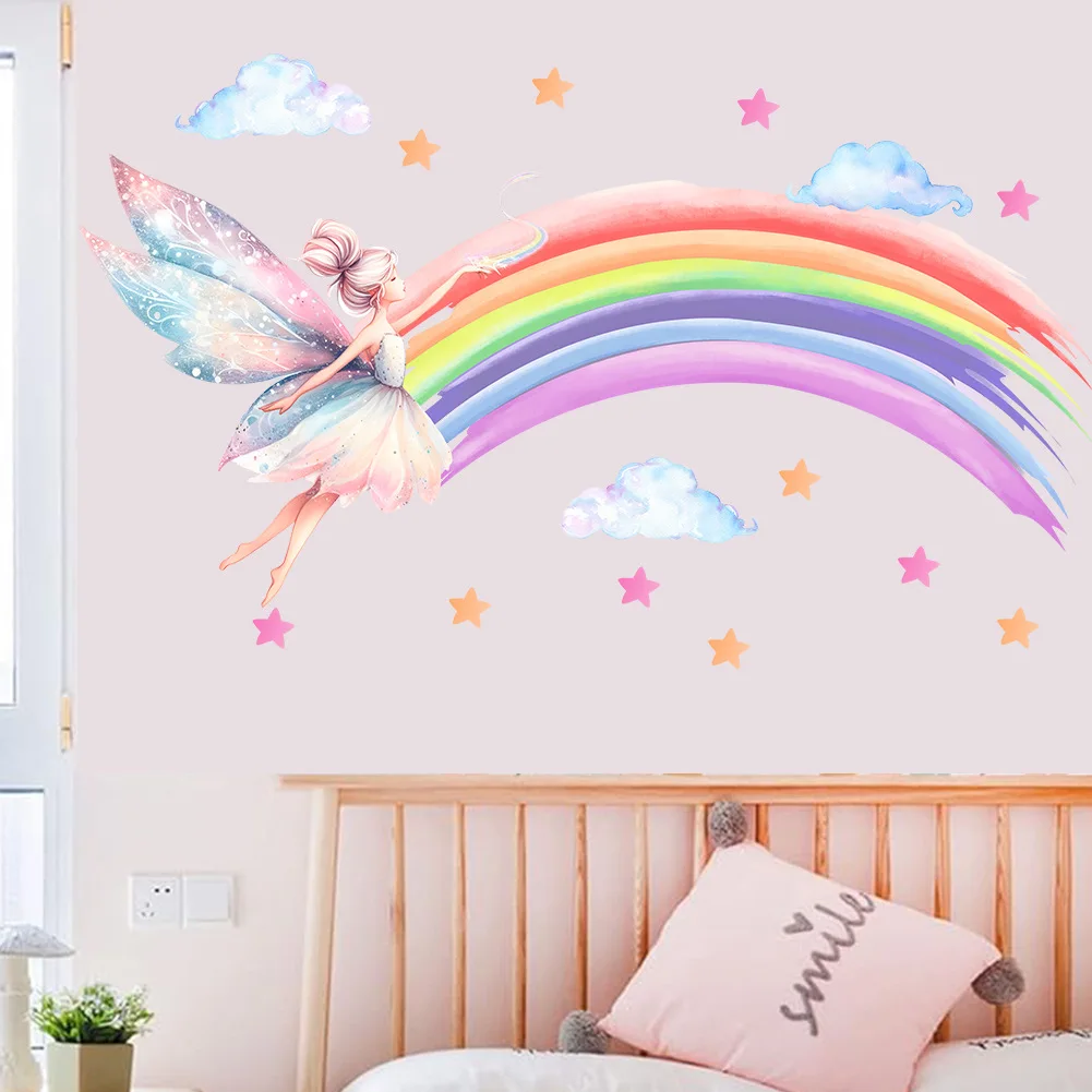 Cartoon Elf Girl Rainbow Wall Sticker Girls Room Cloud Elf Wall Sticker Children\'s Bedroom Decor Wallpaper Self-adhesive Decals