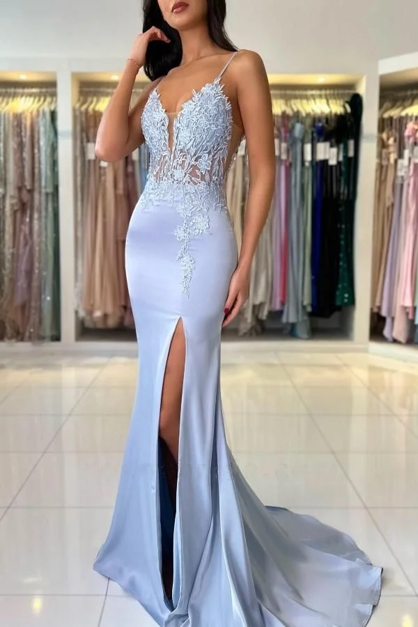 Elegant Woman Gala Dresses Long Mermaid V-Neck Spaghetti Strapless Sleeveless Satin Lace Prom Dresses with Slit Evening Gowns