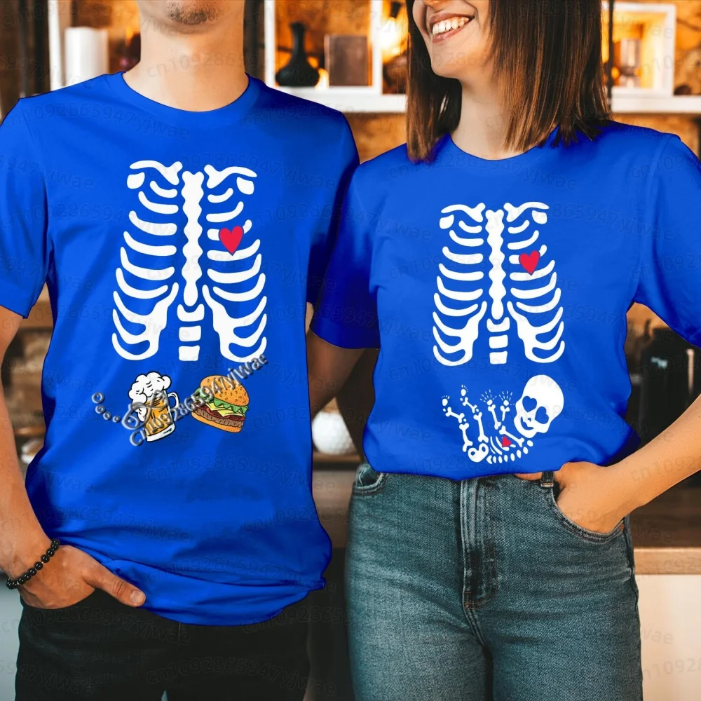 2026 Herren Halloween Skelett Schwangerschafts-Baby Halloween T-Shirt Totenkopf-Knochen-Druck Kurzarm Damen Herren Halloween Paar T-Shirt – Detail 30