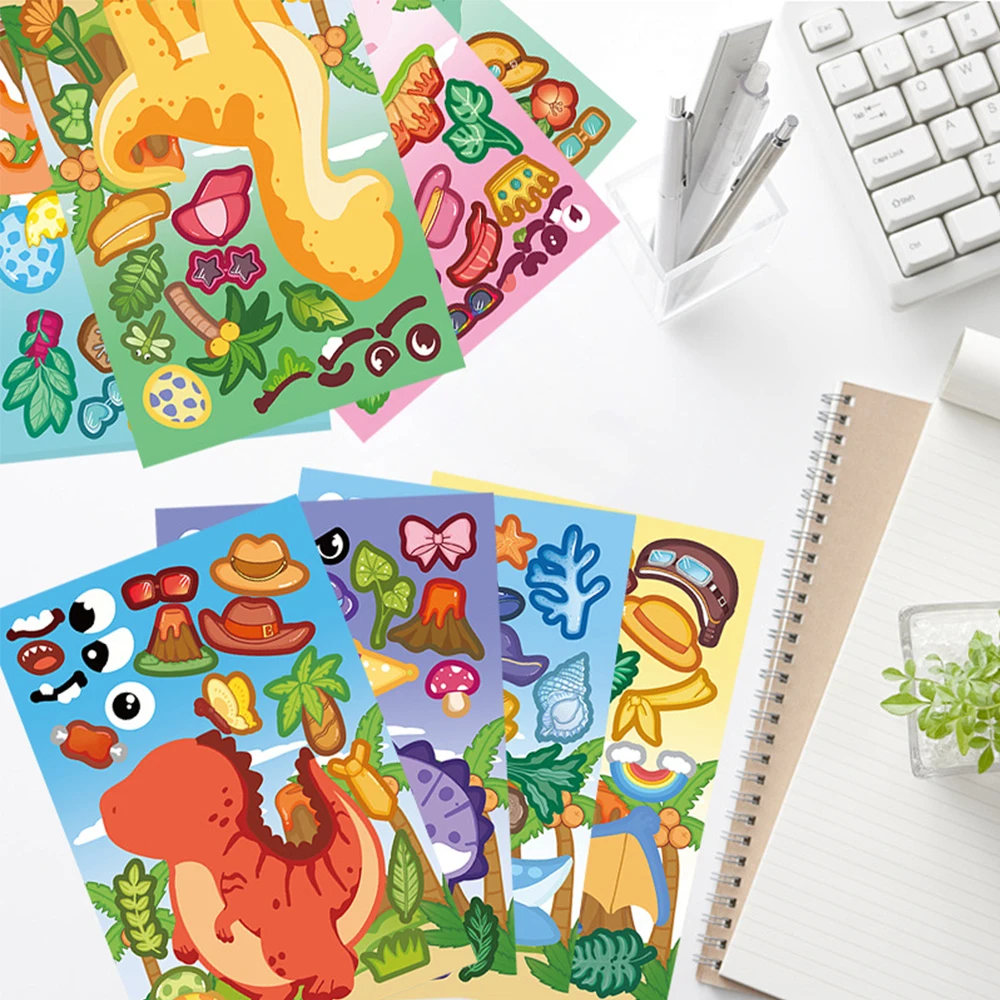 

8/16sheets Funny Cute Animal Dinosaur Puzzle Stickers Make a Face Jigsaw Decoration Sticker Cartoon Assemble Toy Party Supplies