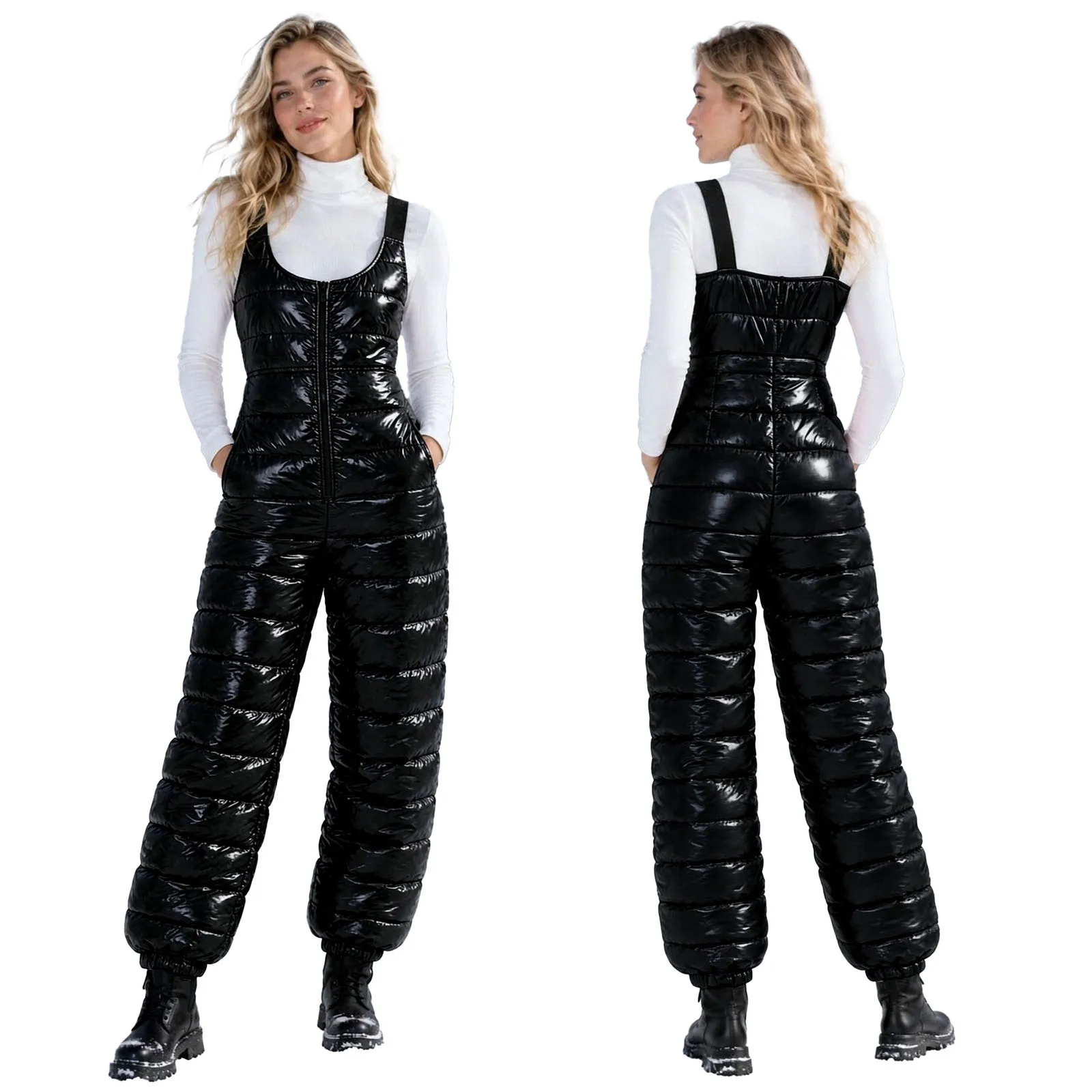 Women Quilted Puffer Waterproof Bib Overalls Elastic Straps Zipper Warm Padded Jumpsuit with Pockets Skiing Snowboard Clothing