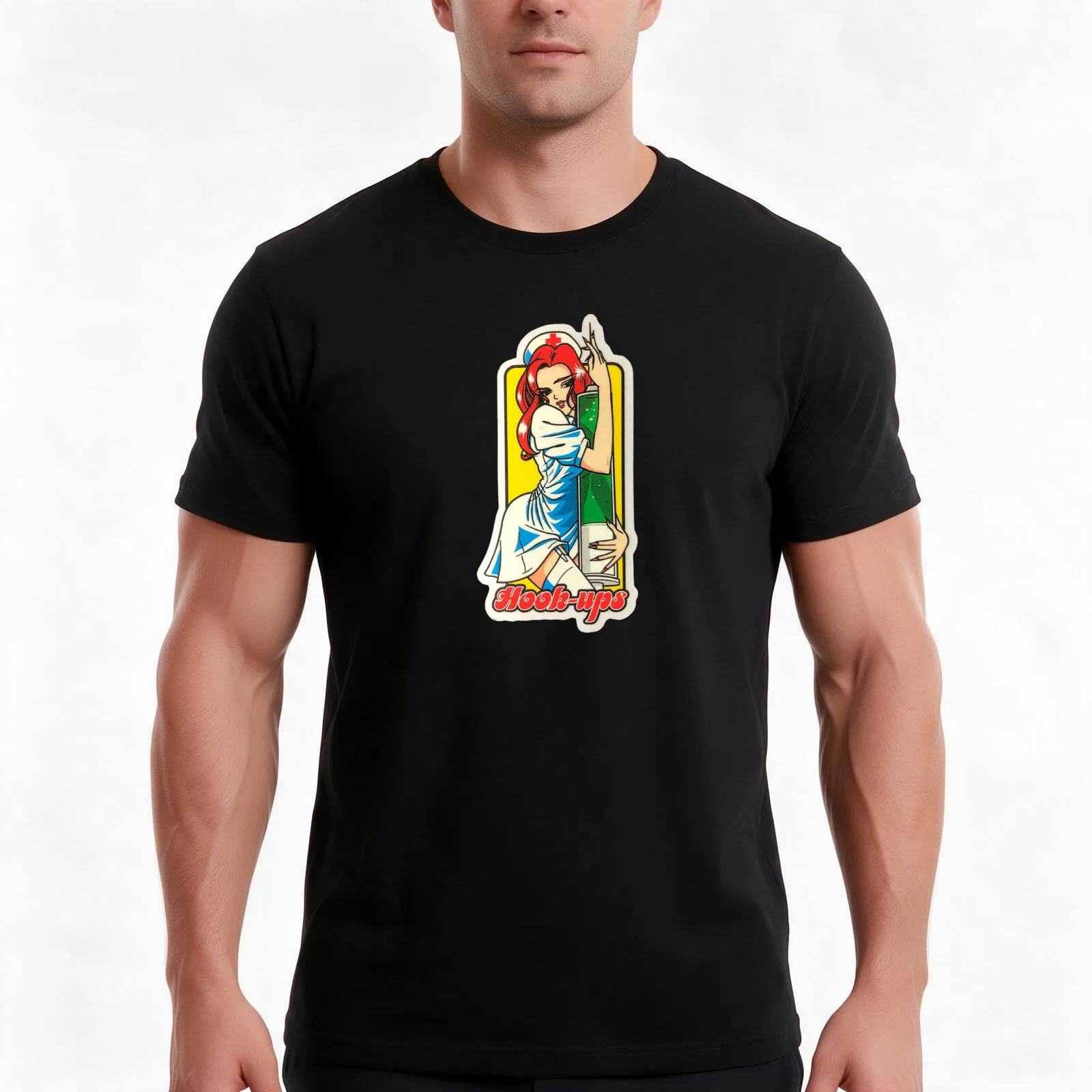 Hook-Ups HookUps Nurse T-Shirt, Summer Casual Cotton Tee, Oversized Streetwear Tops, Vintage Graphic Print, Unisex Men Women