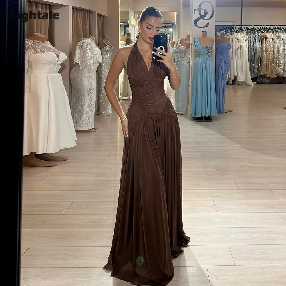 

Eightale Арабские вечерние платья для свадебной вечеринки Холтер Коричневые индивидуальные шифоновые плиссированные мусульманские платья русалки для выпускного вечера