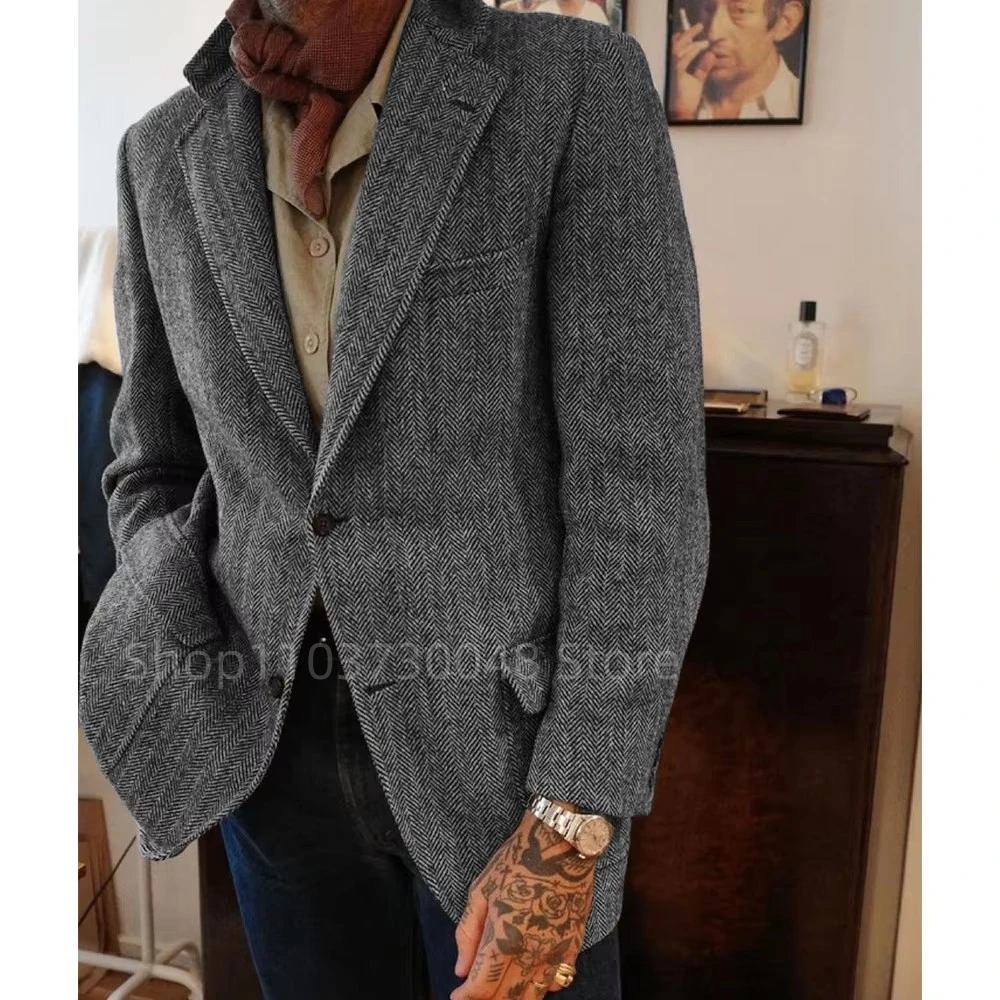 

Men's Herringbone Blazer Single Breasted Casual Elegant Suit Jacket Coat Stage Clothing Male Fashion Woolen Men Suits Blazer