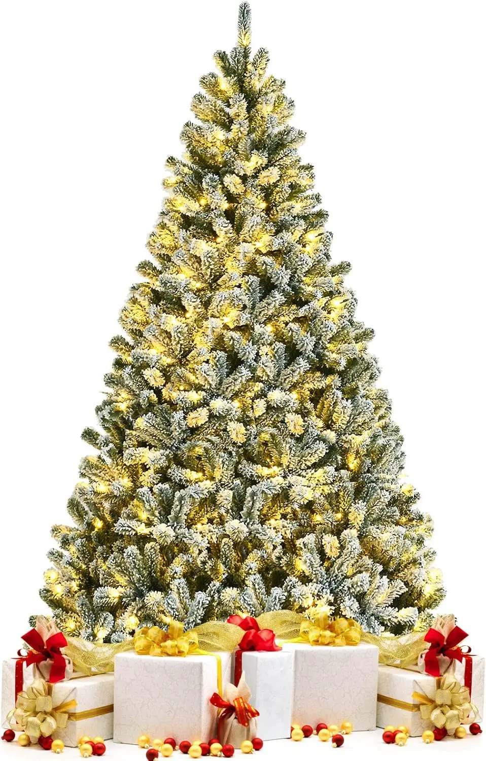 

8FT Snow Flocked Artificial Christmas Hinged Tree Pre-lit Artificial Xmas Full Tree with 1,502 Branch Tips 650 LED Light