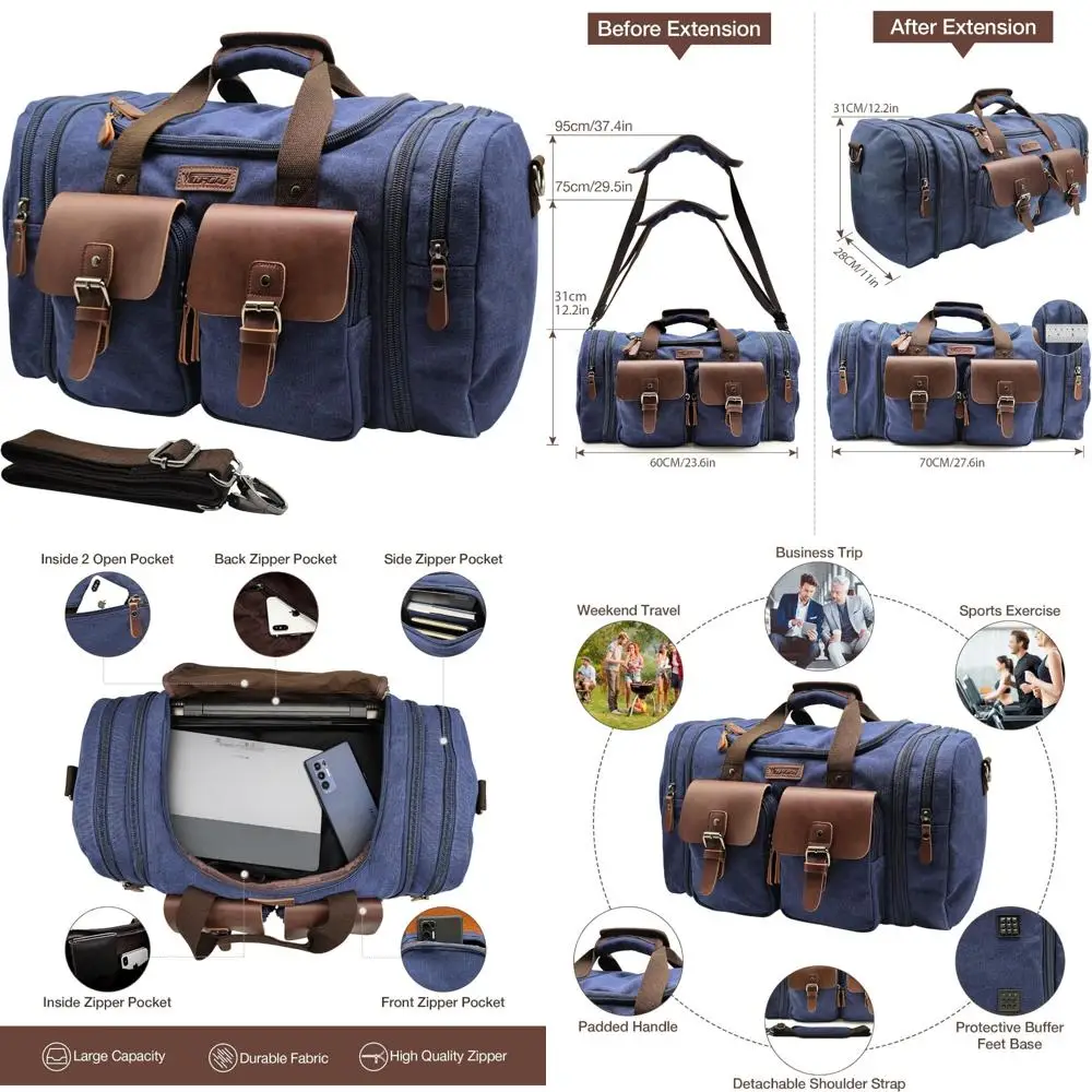 

Расширяемая парусиновая кожаная дорожная спортивная сумка — вместимость 60 л, улучшенная выходная сумка для ночных поездок, сумка для ручной клади