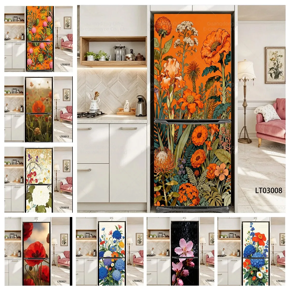 

Vintage Boho Floral Refrigerator Door Sticker Waterproof PVC Fridge Mural Wrap for Kitchen Home Decor