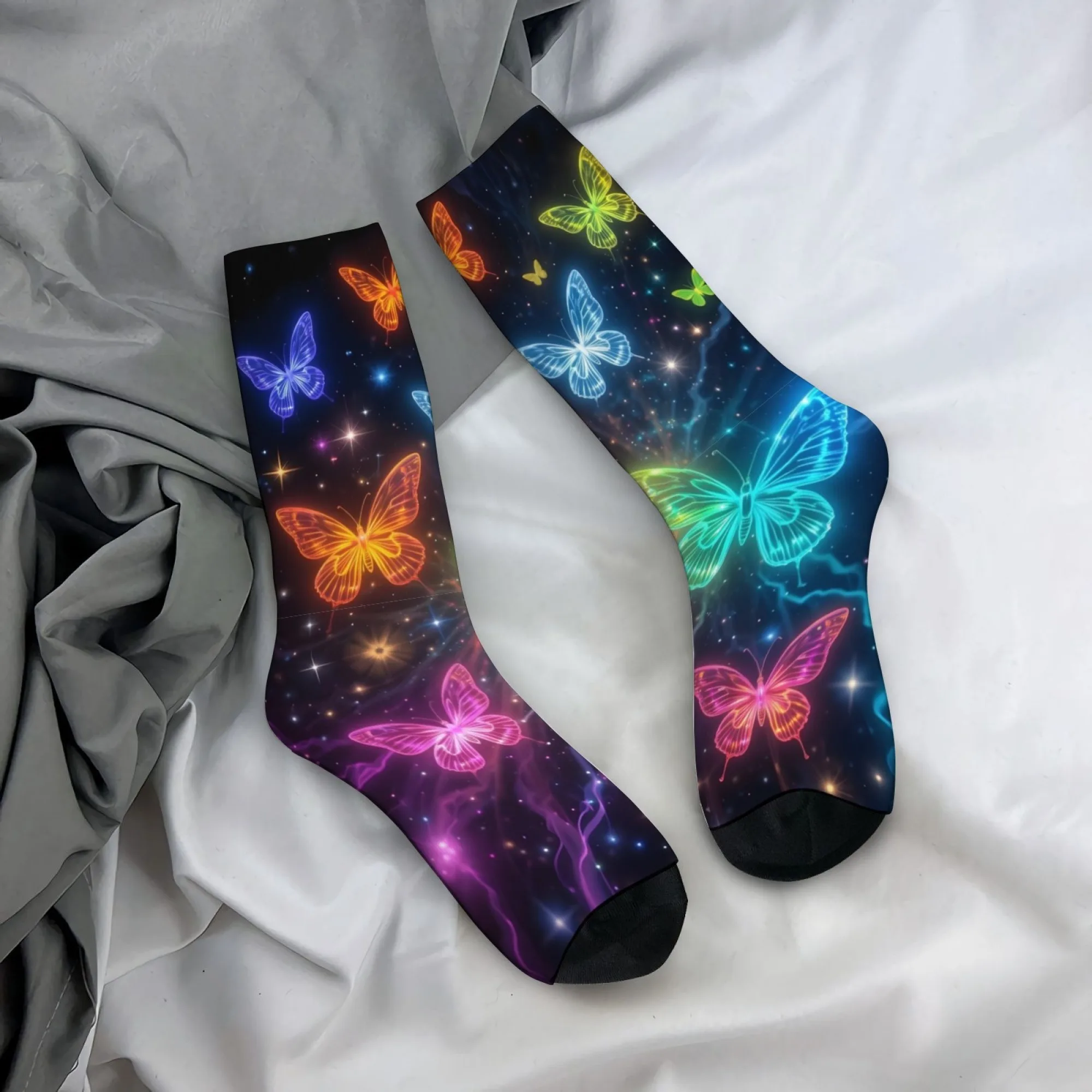 

Psychedelic Neon Butterfly Socks Comfortable Casual Sports Fashion Men's Socks Harajuku Style Novelty Funny Hip-Hop Happy Socks