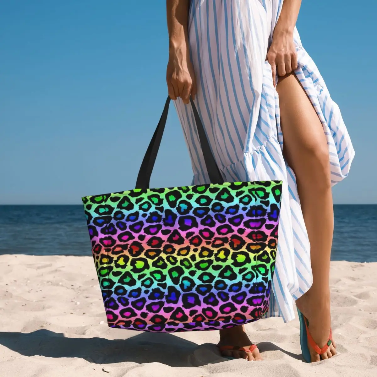 Colofrul Rainbow Leopard Print Animal Skin Cheetah Beach Tote Bag Sport Gym Yoga Duffle Large Tote Bag Women Travel Bag
