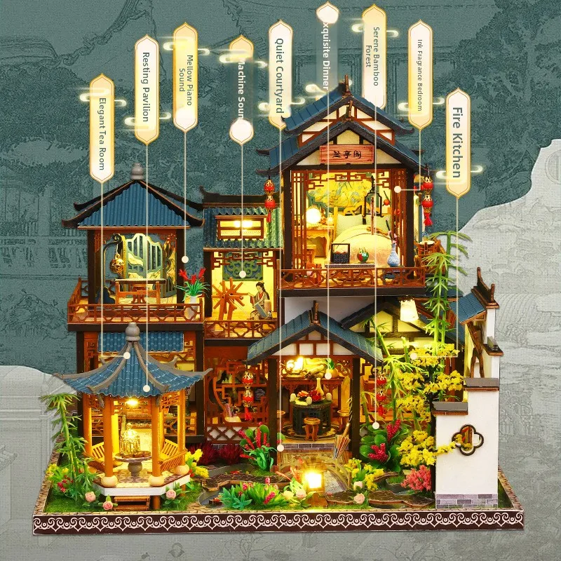 Creative Large Size Wooden Villa House DIY Miniature Model Building Kit Girls Handmade Craft Small House Elegant Style