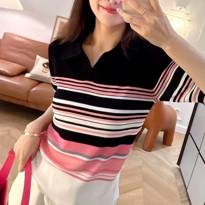 

Minimalist Commuter Summer New Women's Spliced Polo Neck Short Sleeve Contrast Color Striped Sweater Loose Knitted T-shirts Tops