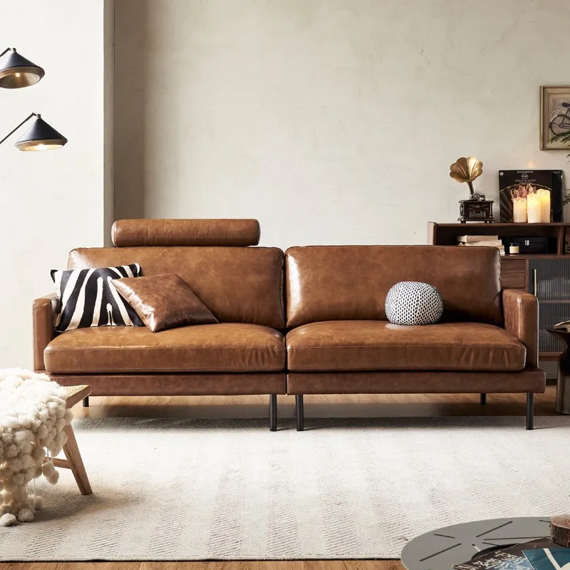 

Imported oil wax leather sofa first layer cowhide small apartment living room American retro Italian minimalist straight row thr
