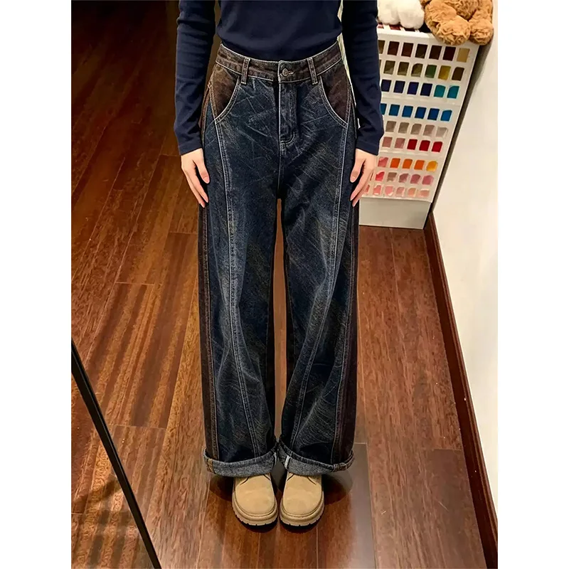 Women Color Block Patchwork Wide Leg Jeans High Waist Loose Vintage Blue Washed Do Old Contrast Panel Straight Denim Trousers